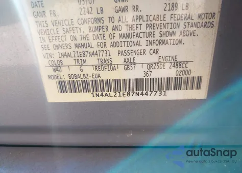 2007 Nissan Altima 2.5 S z USA, uszkodzony, nr VIN 1N4AL21E87N447731